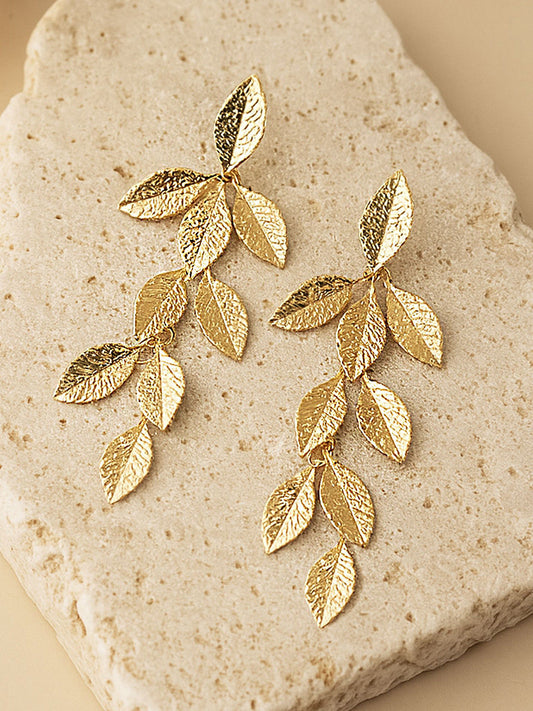 Gold-Plated Leaf Drop Earrings – Fashion Jewellery – Gold-Plated, Leaf Design – 7.6 cm Length
