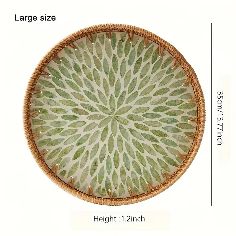 Round Rattan Tray - Blue Floral Leaf Decor - Rustic Serving Tray