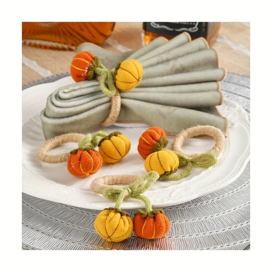 Pumpkin Napkin Rings 6-Pack - Wooden Floral Thanksgiving Dinner Decor