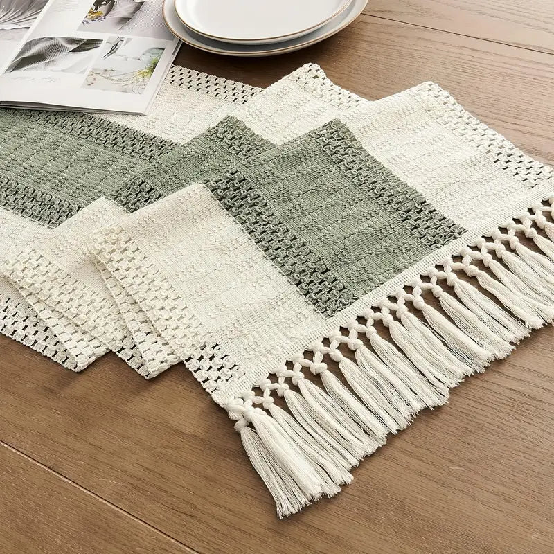 Boho Macrame Fringe Table Runner – Sage Green Striped Decor for Dining & Events