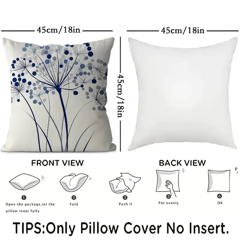 Floral Throw Pillow Covers 18x18 - Blue Gray Plush Cushion Cases