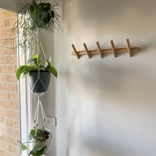 Oak Coat Rack - Wall/Door Mounted, 5 Hooks for Clothes & Bags