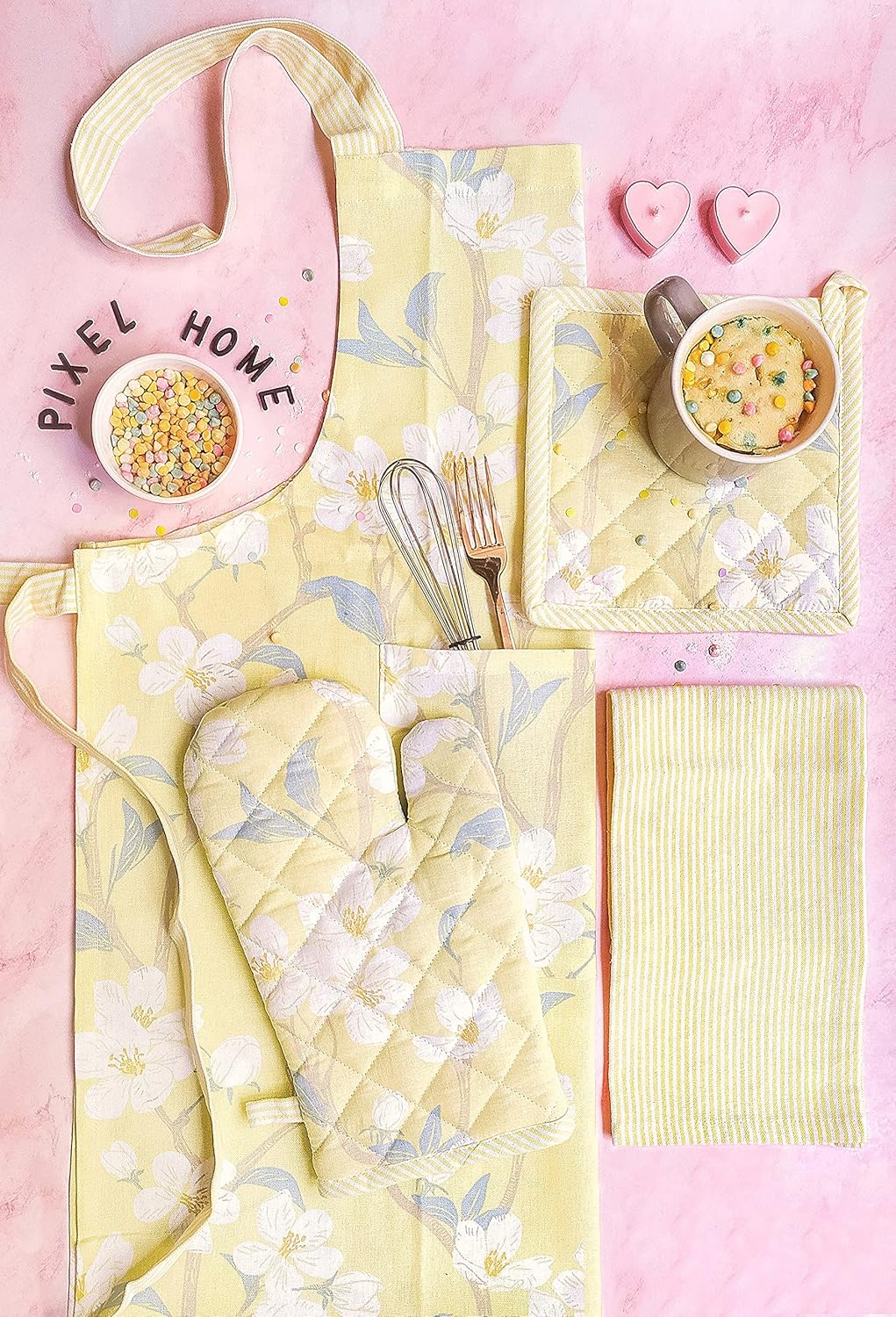 Printed Apron, Oven Mitt, Pot Holder & Kitchen Towel Set – 100% Cotton – Cherry Blossom Print – 4-Piece