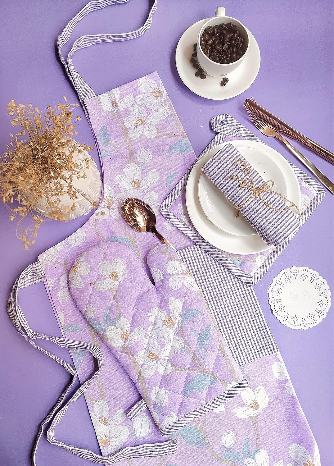 Lilac Blossom Printed Kitchen Textile Set – Apron, Mitt, Pot Holder, Towel – 100% Cotton – 4-Piece