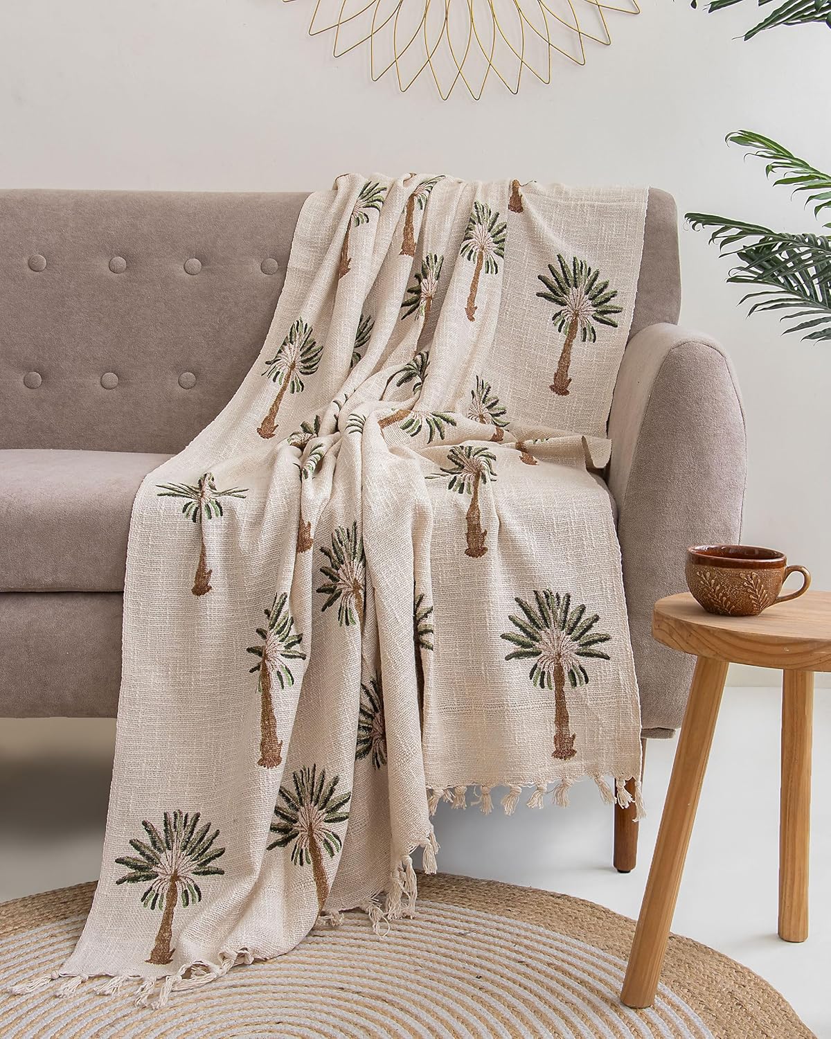 Hand Block Print Palm Tree Throw – Sofa Blanket – Sustainable Cotton – 50x70 Inch (Pack of 1)