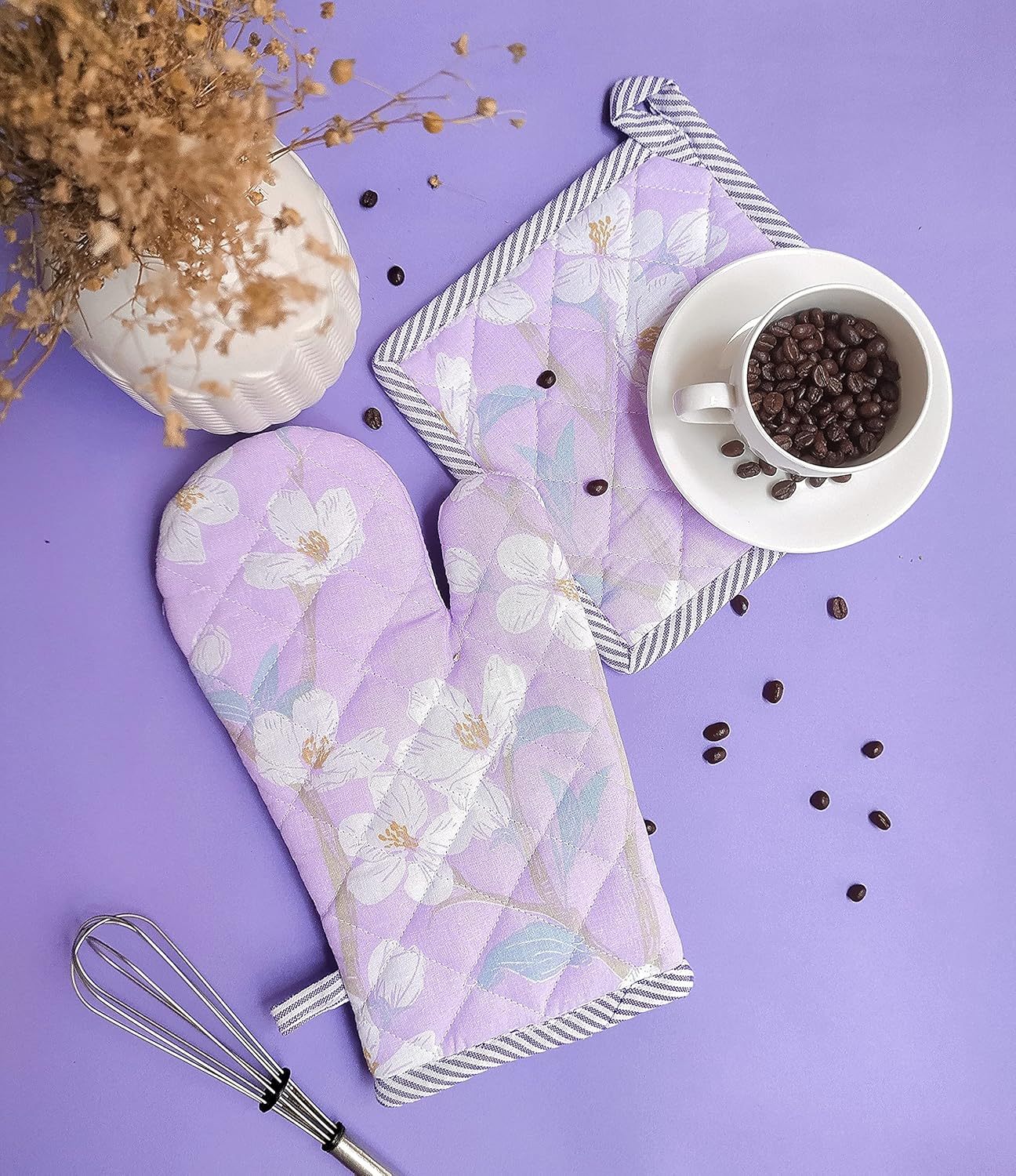 Cherry Blossom Printed Oven Mitt & Pot Holder Set – Kitchen Textile Set – 100% Cotton – 2-Piece Set with Hanging Loops