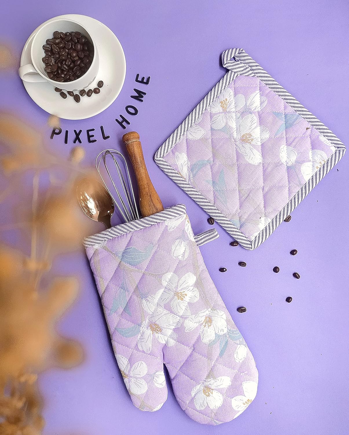 Cherry Blossom Printed Oven Mitt & Pot Holder Set – Kitchen Textile Set – 100% Cotton – 2-Piece Set with Hanging Loops