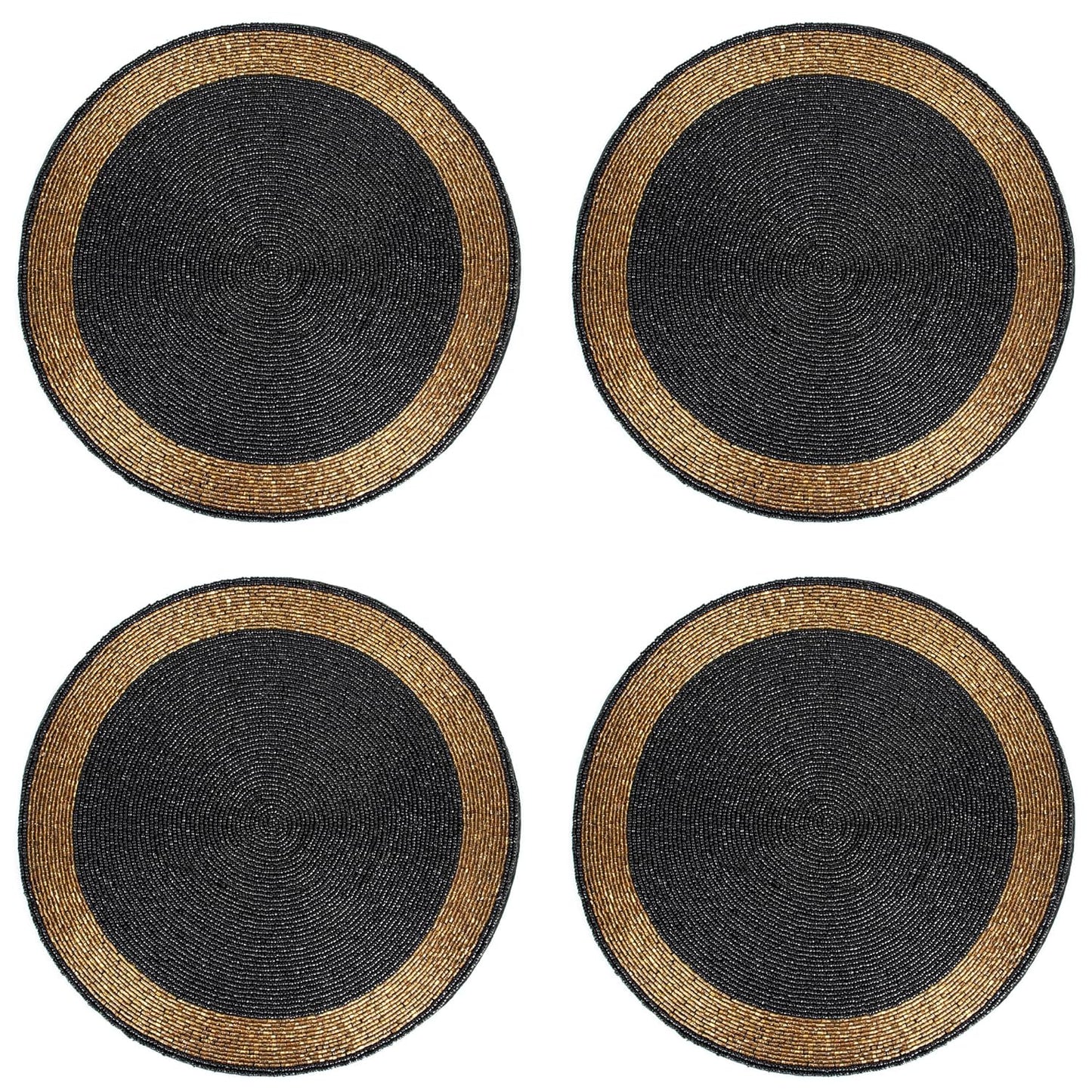Glass Beaded Placemats – Black & Gold, 14" Round, 4-Pack