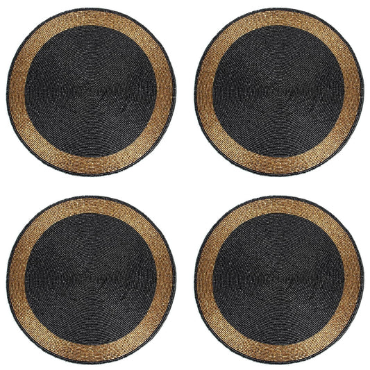 Glass Beaded Placemats – Black & Gold, 14" Round, 4-Pack