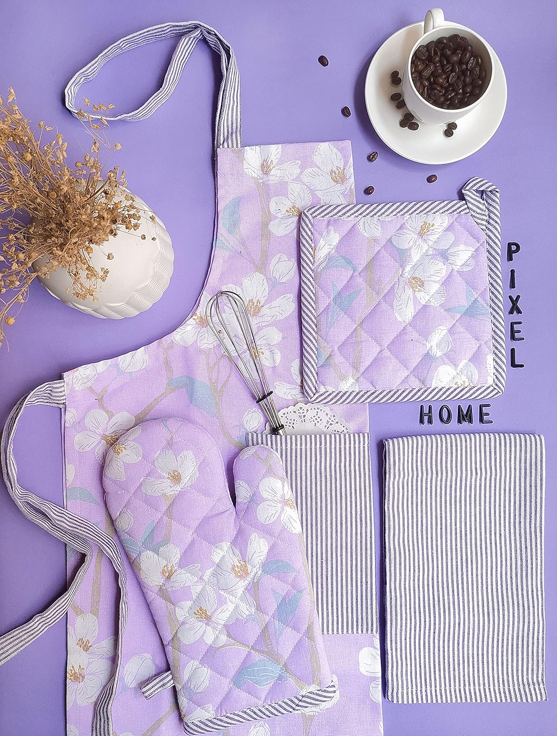 Lilac Blossom Printed Kitchen Textile Set – Apron, Mitt, Pot Holder, Towel – 100% Cotton – 4-Piece