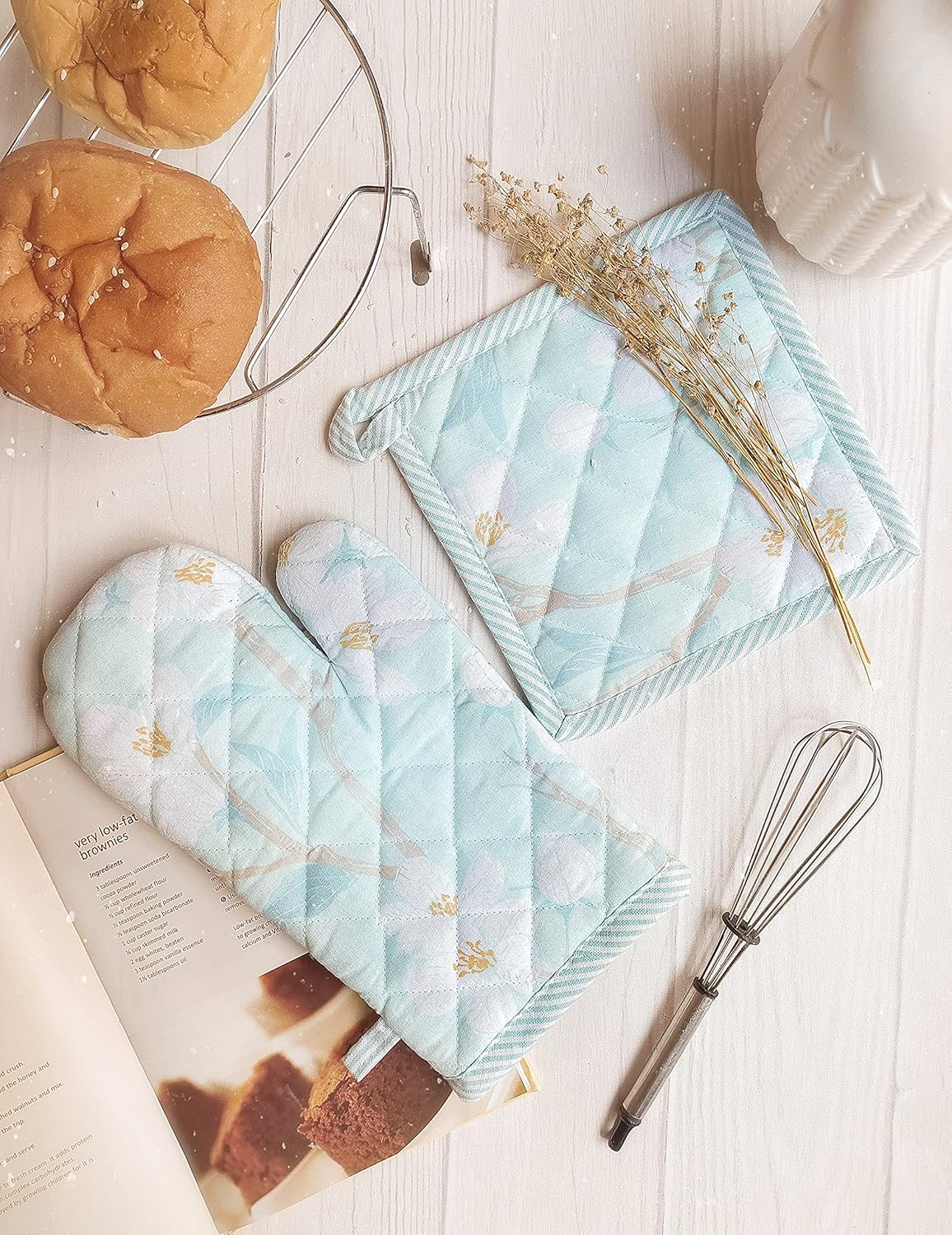 Oven Mitt & Pot Holder Set – Kitchen Textile – 100% Cotton Cherry Blossom Print – 1 Mitt + 1 Holder Pack