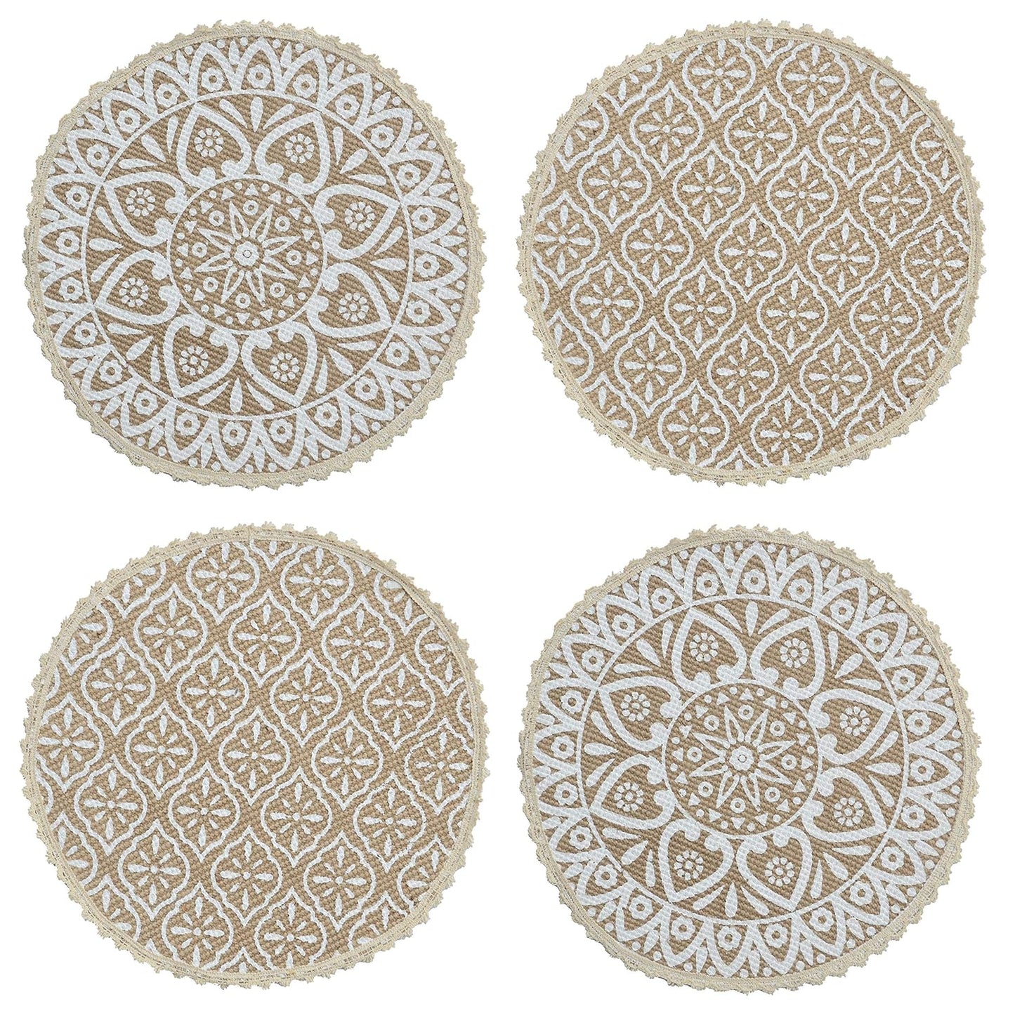 Table Mat Set – Jute & Cotton Printed Round – 38x38 cm, 4-Pack