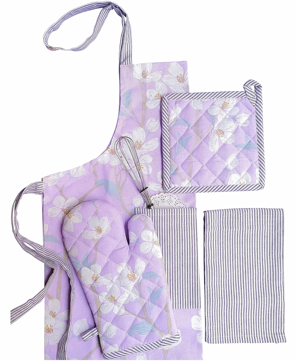 Lilac Blossom Printed Kitchen Textile Set – Apron, Mitt, Pot Holder, Towel – 100% Cotton – 4-Piece