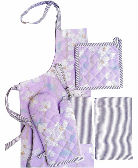 Lilac Blossom Printed Kitchen Textile Set – Apron, Mitt, Pot Holder, Towel – 100% Cotton – 4-Piece
