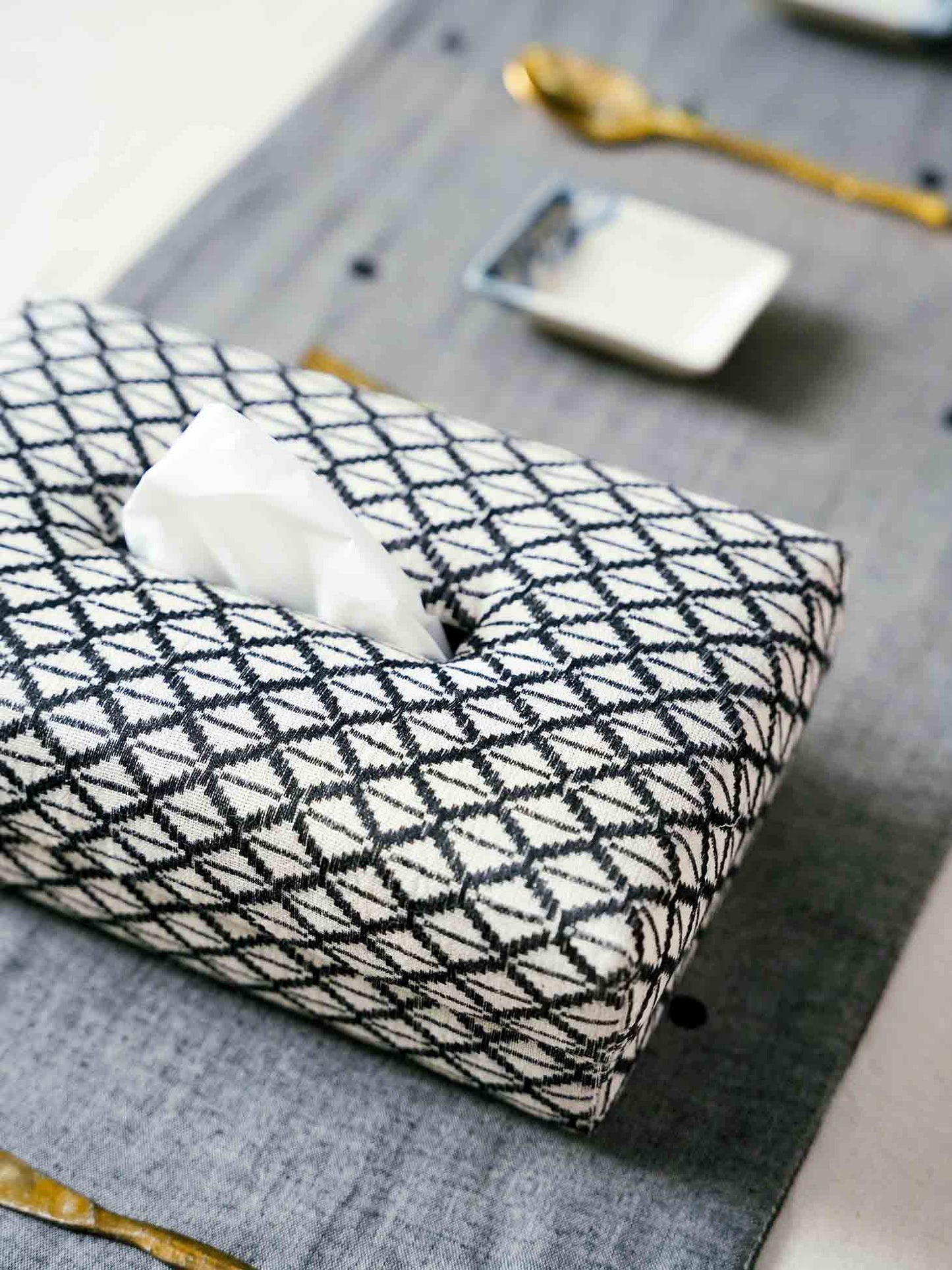 Pure Cotton Tissue Box - Jacquard Weave, Geometric Design