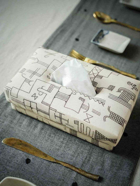 Handwoven Tussar Silk Tissue Box - Geometric Screen Print