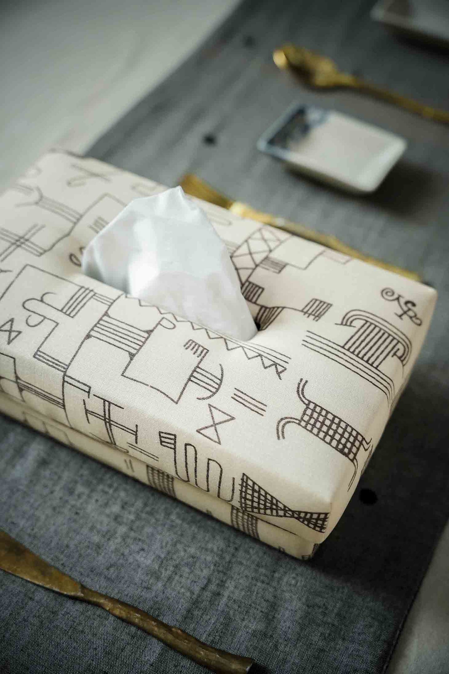 Handwoven Tussar Silk Tissue Box - Geometric Screen Print