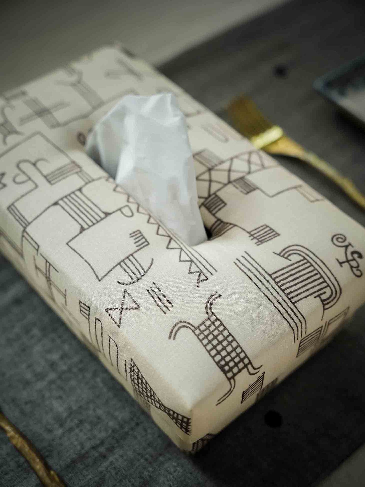 Handwoven Tussar Silk Tissue Box - Geometric Screen Print