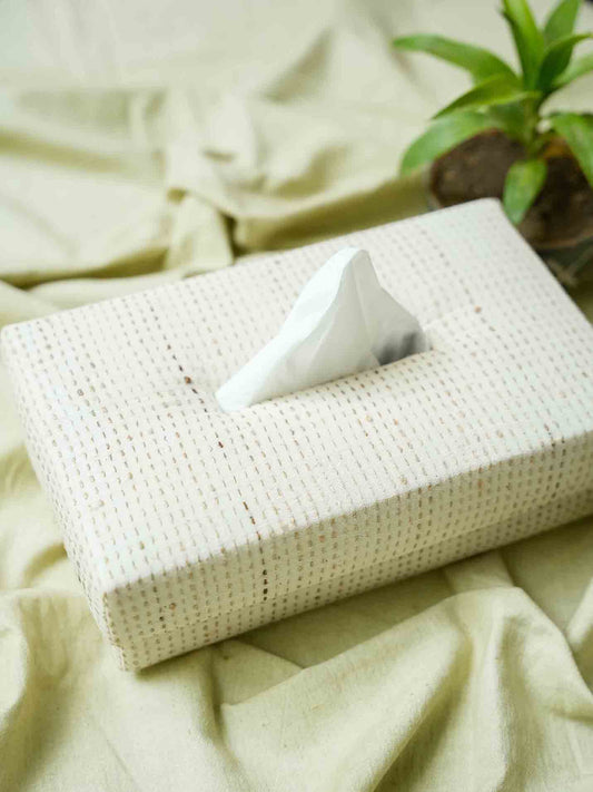 Handwoven Cotton Tissue Box - Running Hand Embroidery