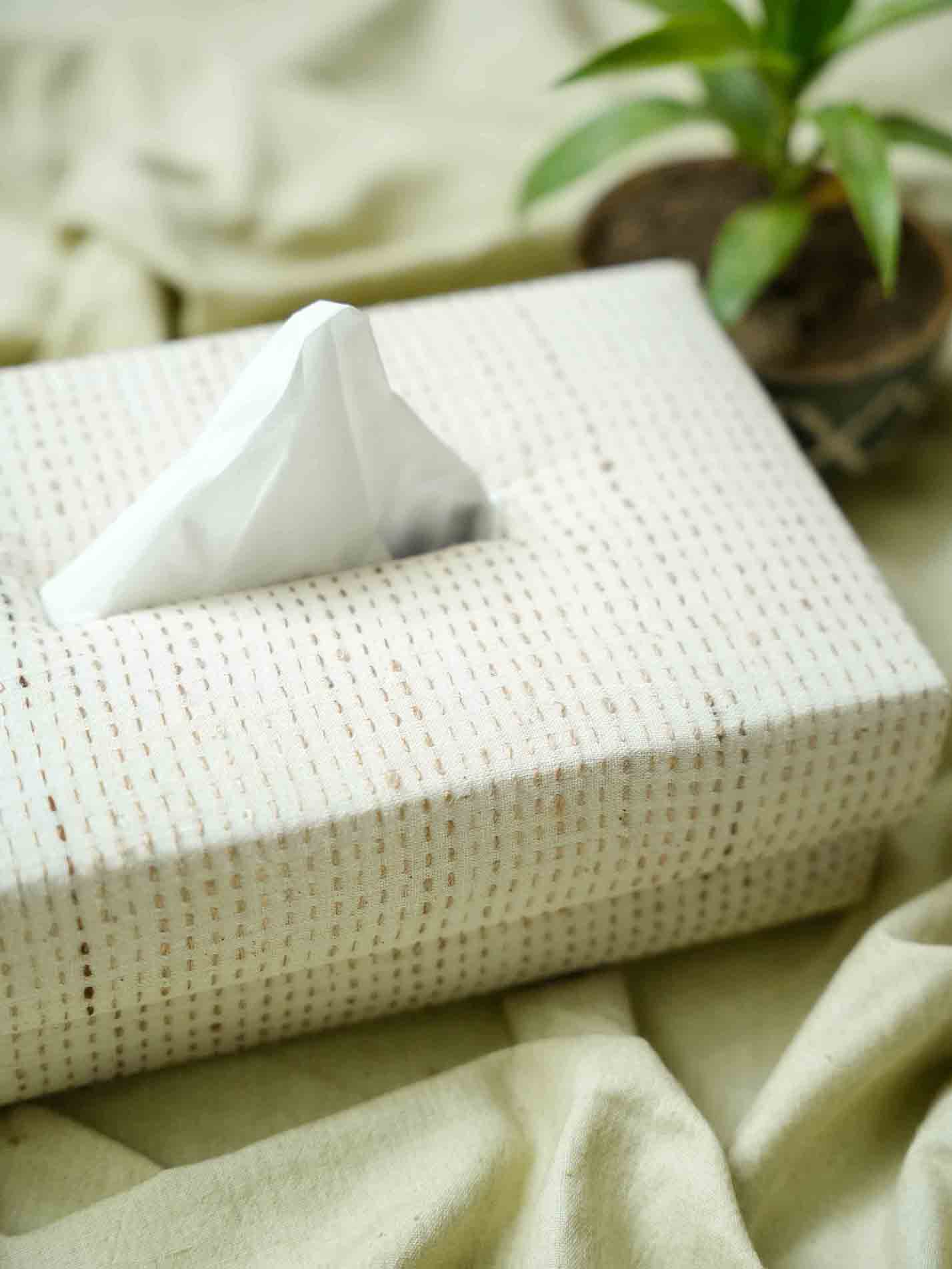 Handwoven Cotton Tissue Box - Running Hand Embroidery