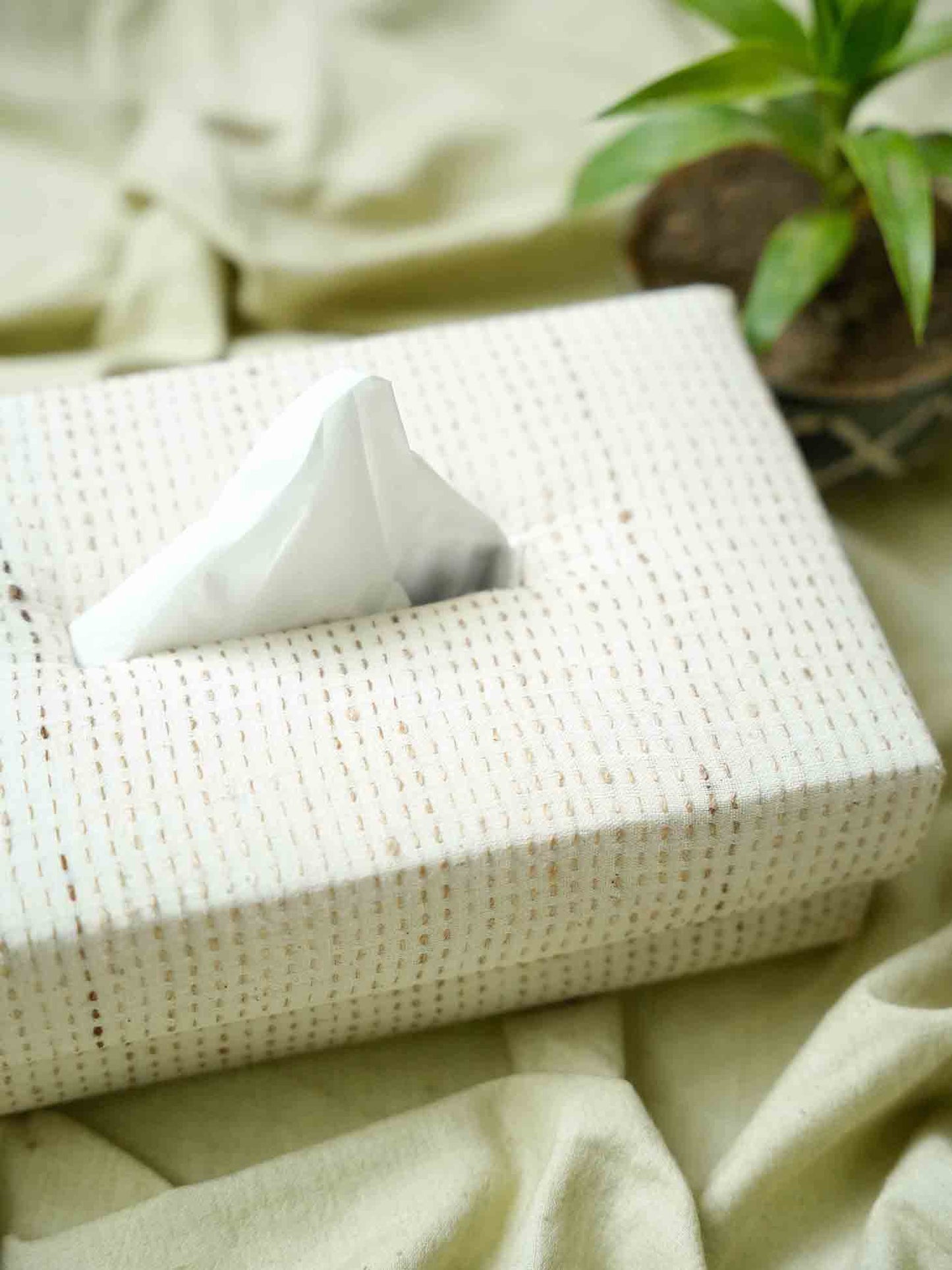 Handwoven Cotton Tissue Box - Running Hand Embroidery