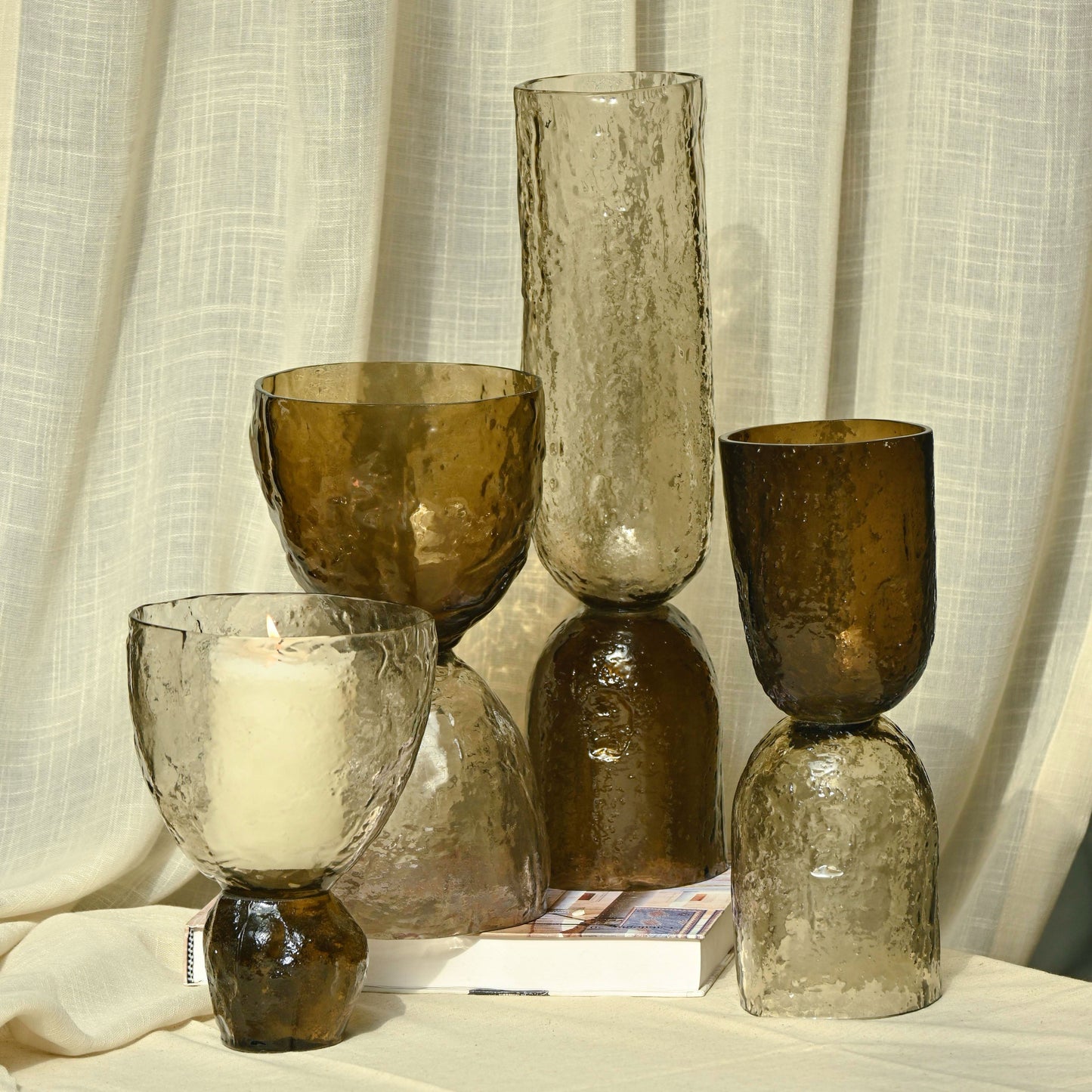 Textured Glass Pillar Candle Holder - Reversible Dual-Toned