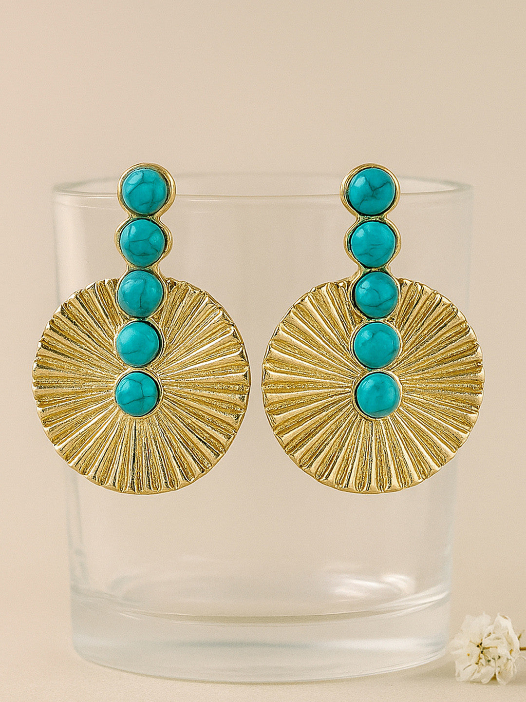 Gold-Plated Turquoise Spherical Drop Earrings – Fashion Jewellery – Post-Back Closure – 4cm Drop