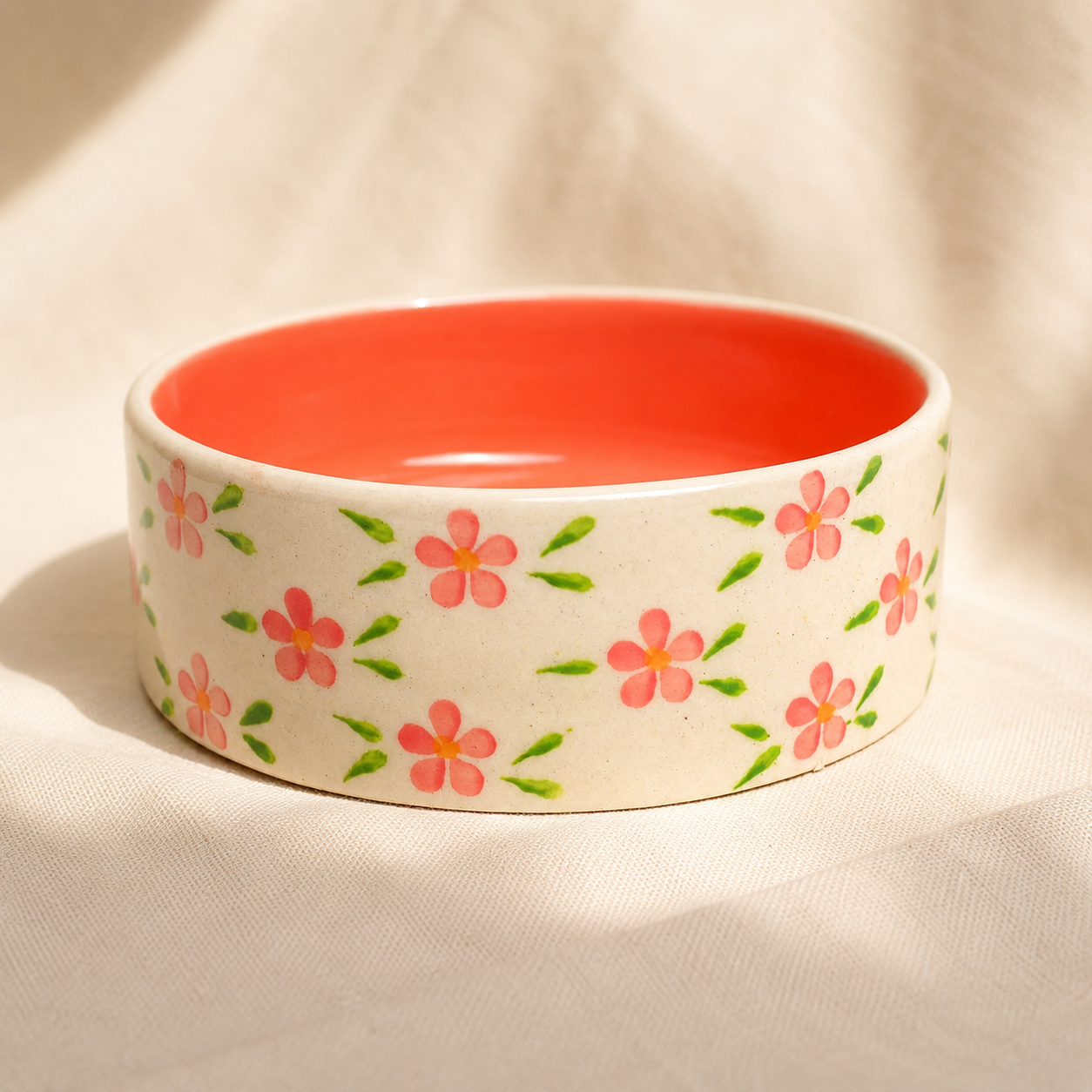 Serving Bowl | Ceramic Hand-painted Orange Flowers | Small, Orange