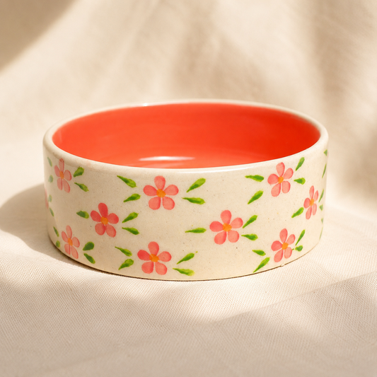 Serving Bowl | Ceramic Hand-painted Orange Flowers | Small, Orange