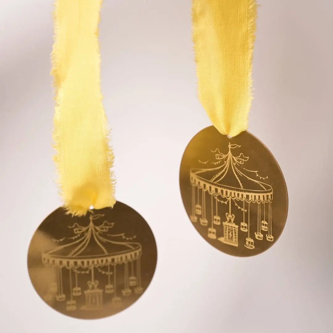 Brass Carousel Hanging Ornament – Laser-Etched Decor with Linen Yellow or Satin Green Ribbon | Luxury Christmas & Home Decor