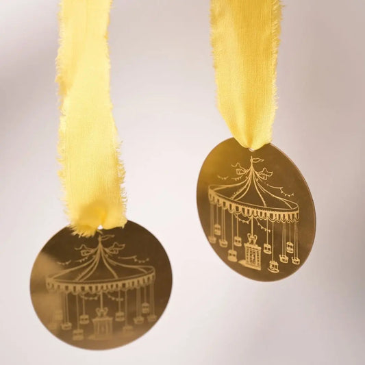 Brass Carousel Hanging Ornament – Laser-Etched Decor with Linen Yellow or Satin Green Ribbon | Luxury Christmas & Home Decor