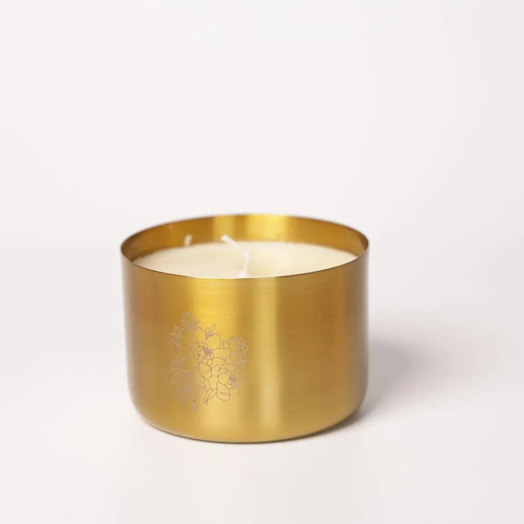 Brass Finish Peony Laser Candle – Handcrafted Soy Wax Jar Candle with Tuberose Fragrance