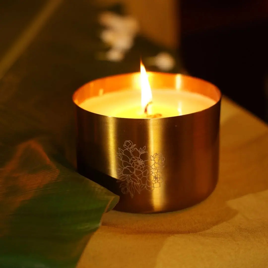 Brass Finish Laser Etched Candle With Peony - Soy Wax, Tuberose