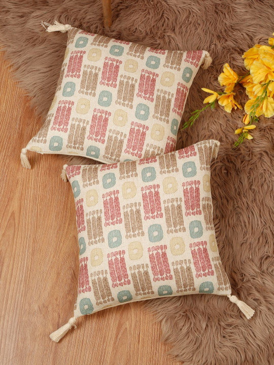 Set of 2 - Colour blocked Cushion Cover Set – Home Decor Textiles – Poly Linen Blend