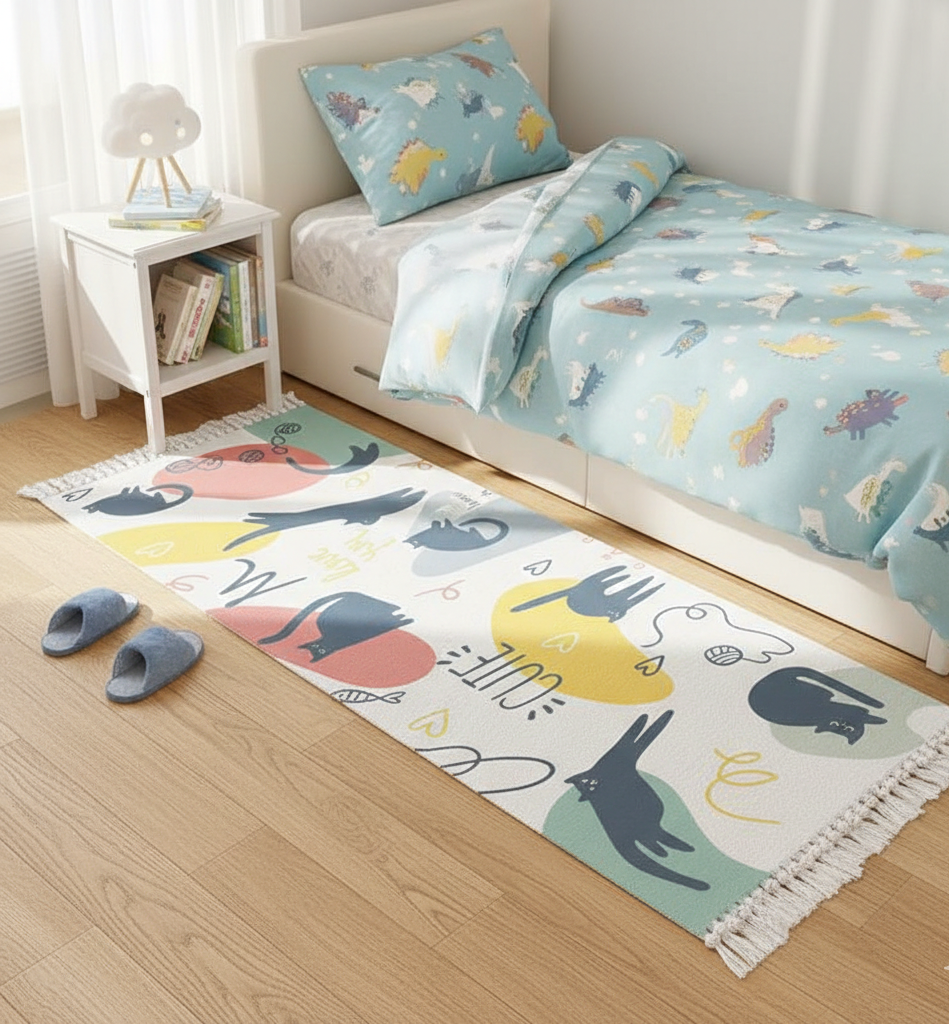 Bedside Runner – Hand Woven Printed Cotton – Washable 2x5 Feet