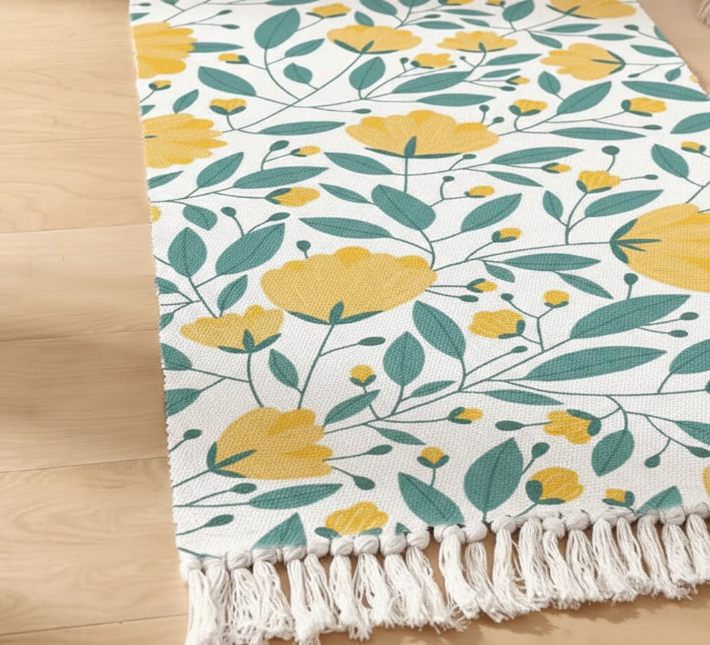 Hand Woven Cotton Runner – Washable Printed Floral – 2x5 Feet