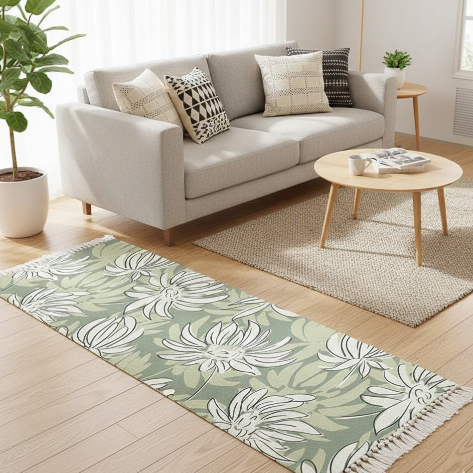 Hand Woven Cotton Runner – Washable Printed Floral – 2x5 Feet