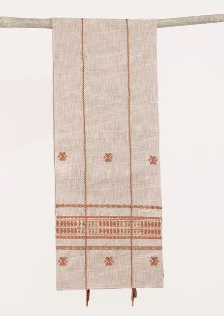 Embroidered Cotton Chambray Table Runner - Intricate Pattern, 180 x 36 cm