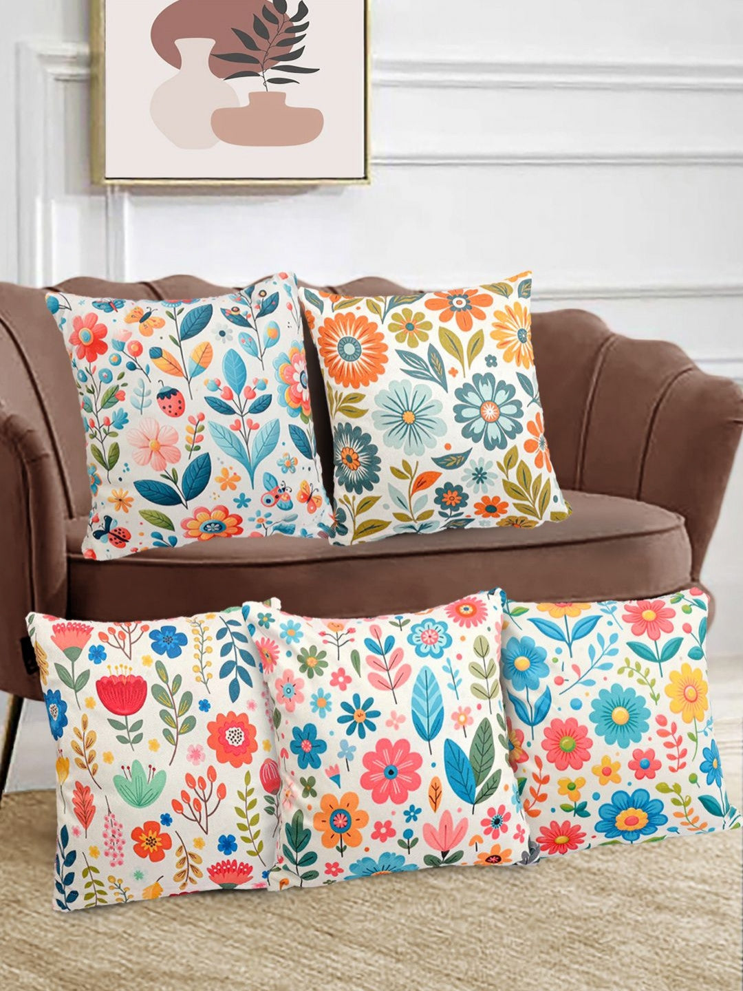 Set of 5 - White Floral Reversible – Cushion Covers – Velvet Digital Printed – 40x40 cm