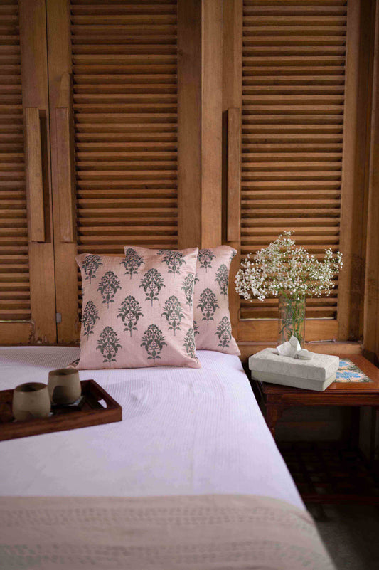 Embroidered Dupion Silk Cushion Cover - Floral Pattern, Onion Pink