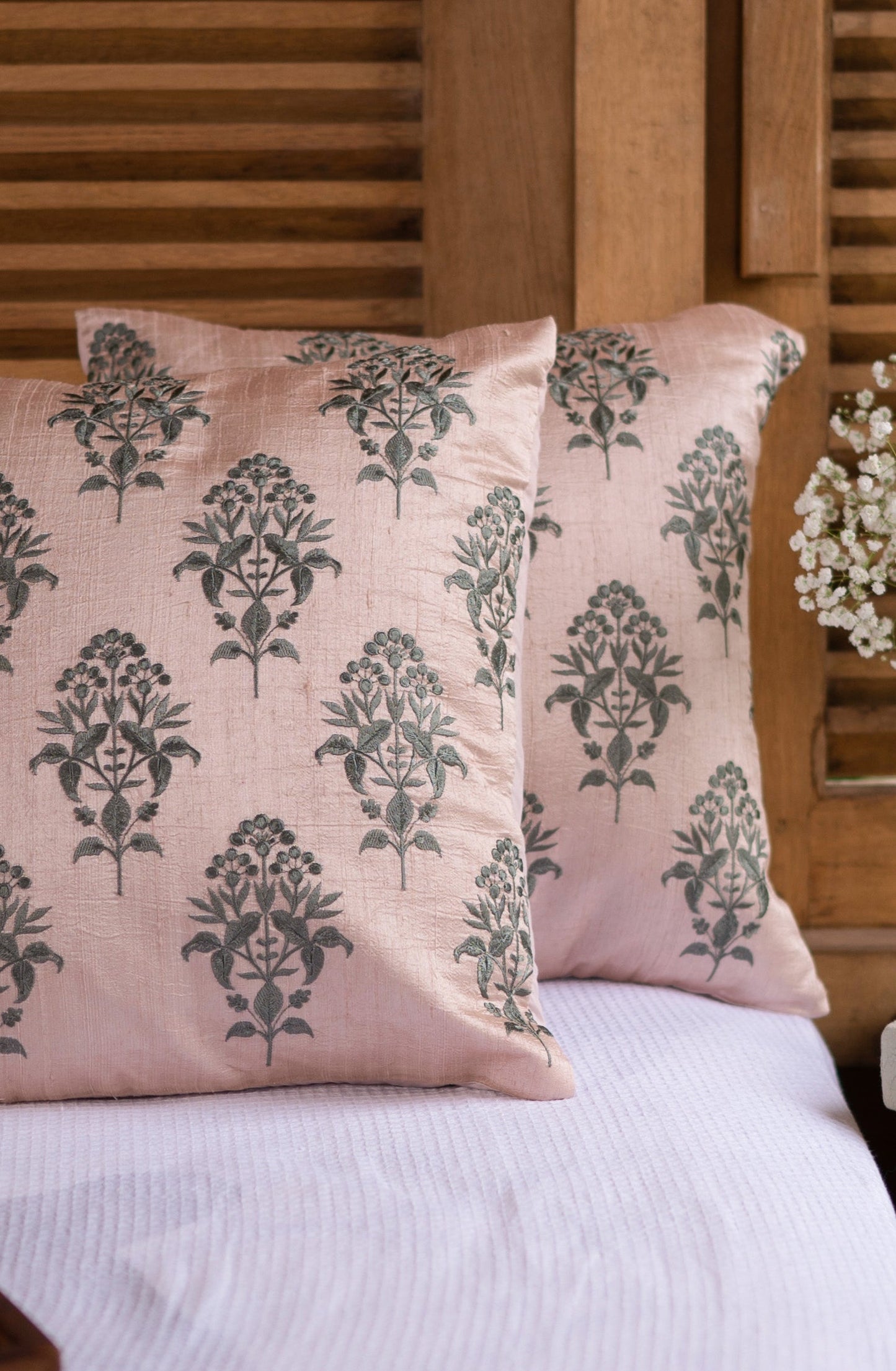 Embroidered Dupion Silk Cushion Cover - Floral Pattern, Onion Pink