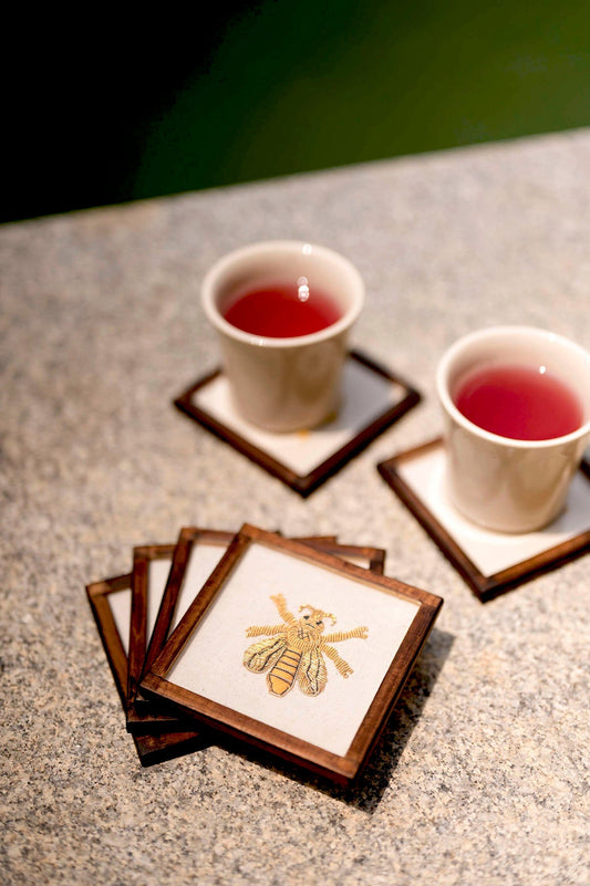Embroidered Khadi Cotton Beverage Coaster - Set of 2 With Holder