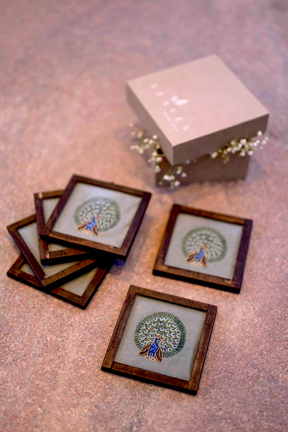 Khadi Cotton Beverage Coaster Peacock - With Holder