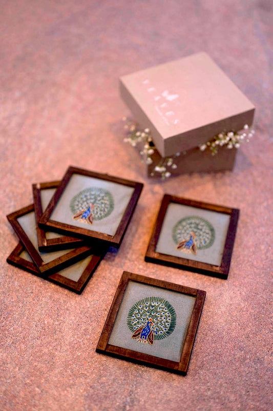 Khadi Cotton Beverage Coaster Peacock - With Holder