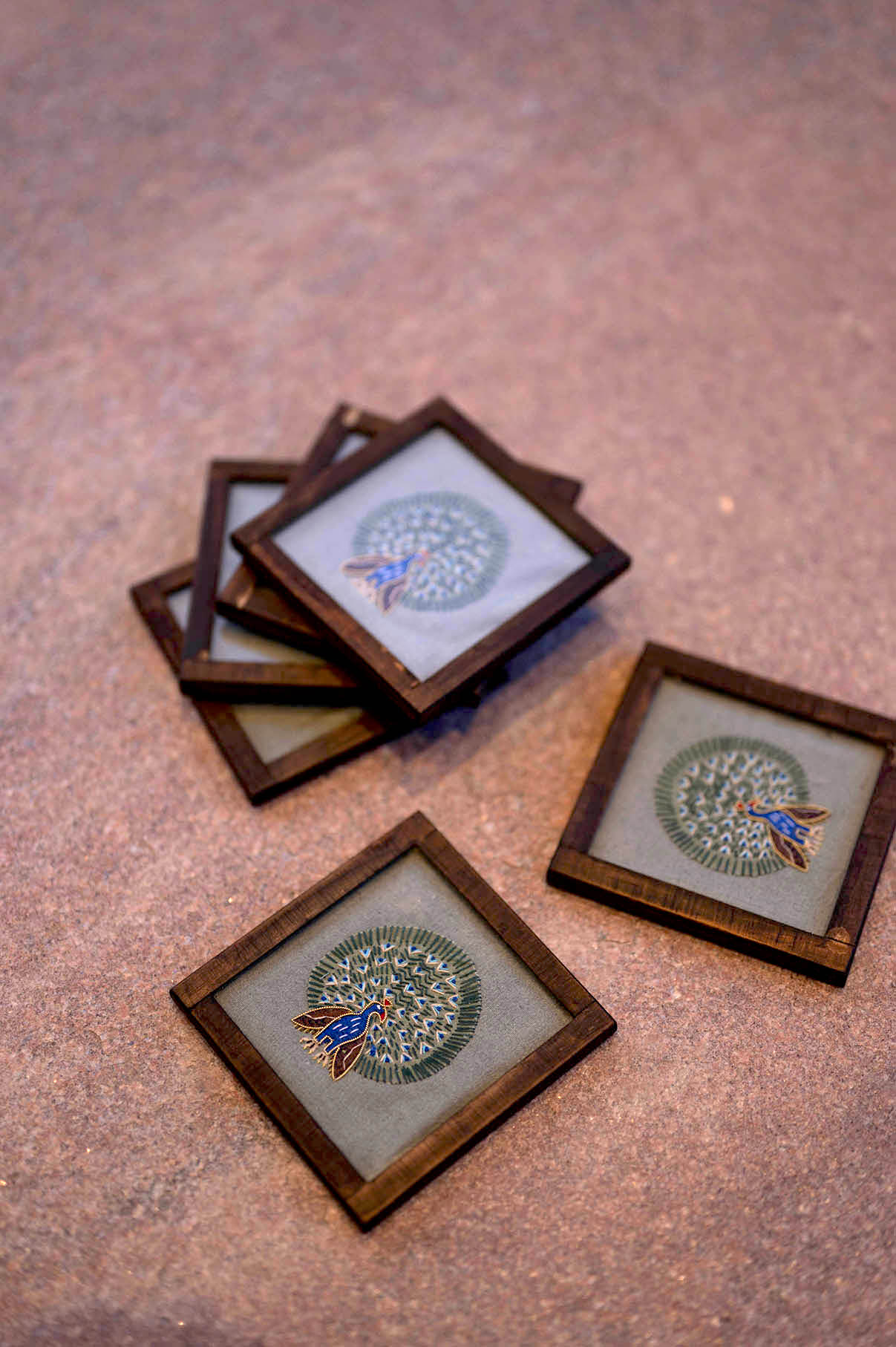 Khadi Cotton Beverage Coaster Peacock - With Holder