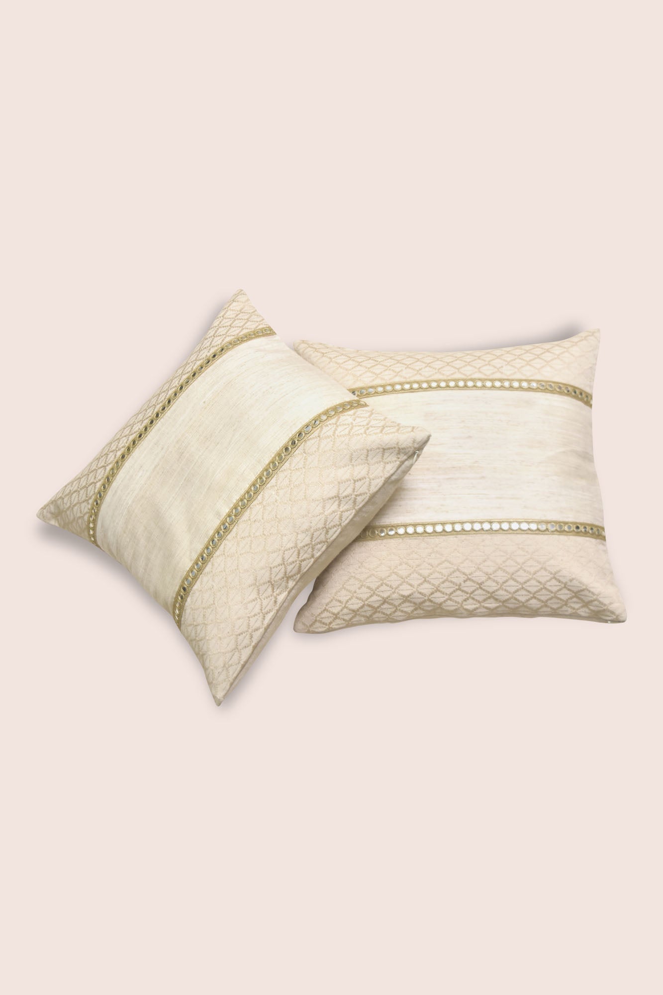 Handwoven Matka Silk Cushion Cover - Cotton Blend, Mirror Work