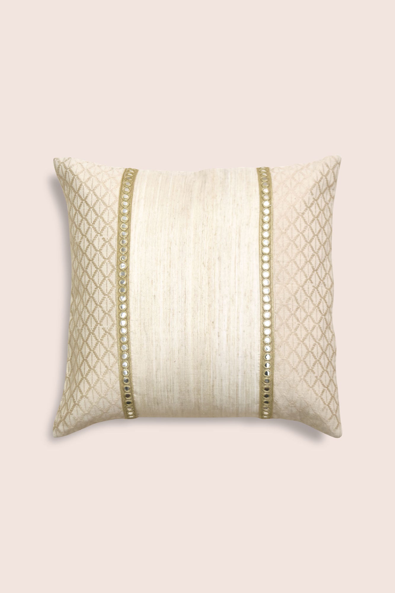 Handwoven Matka Silk Cushion Cover - Cotton Blend, Mirror Work