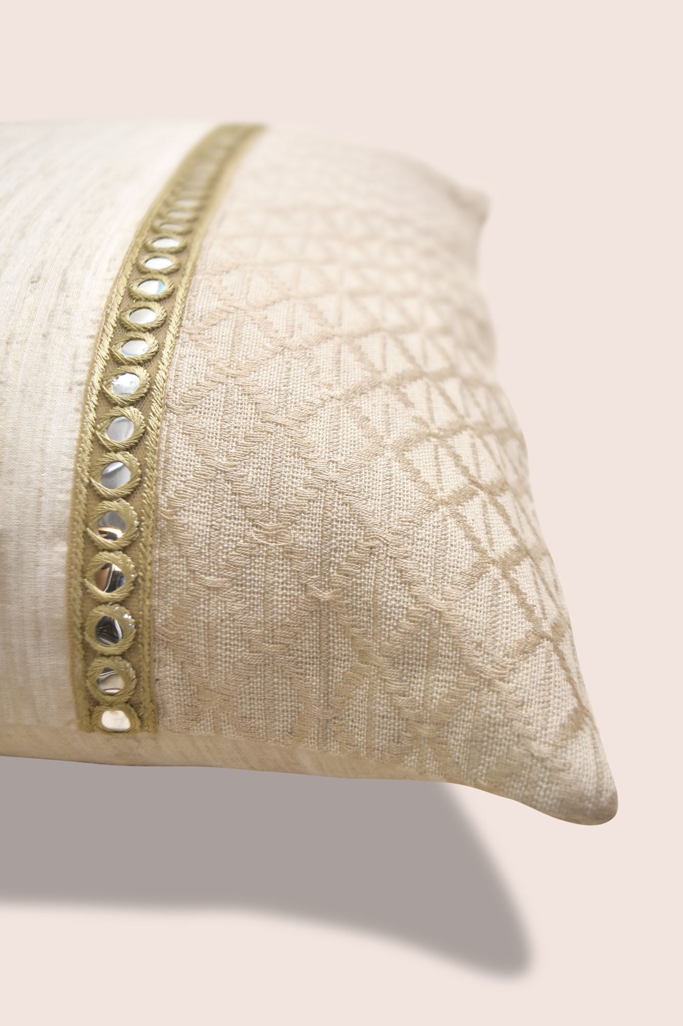 Handwoven Matka Silk Cushion Cover - Cotton Blend, Mirror Work