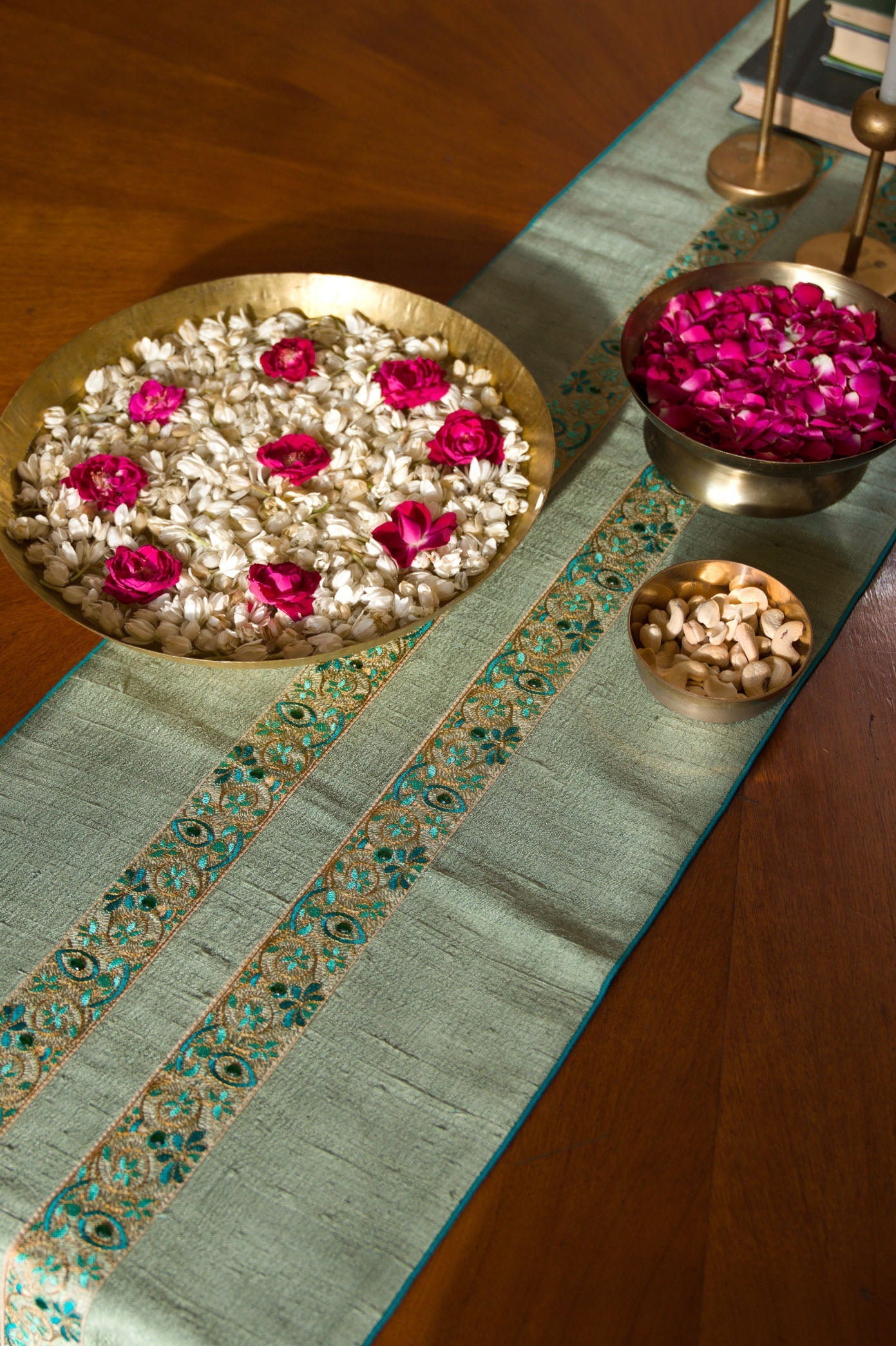 Hand-Embroidered Dupion Silk Table Runner - With Beadwork & Silk Piping