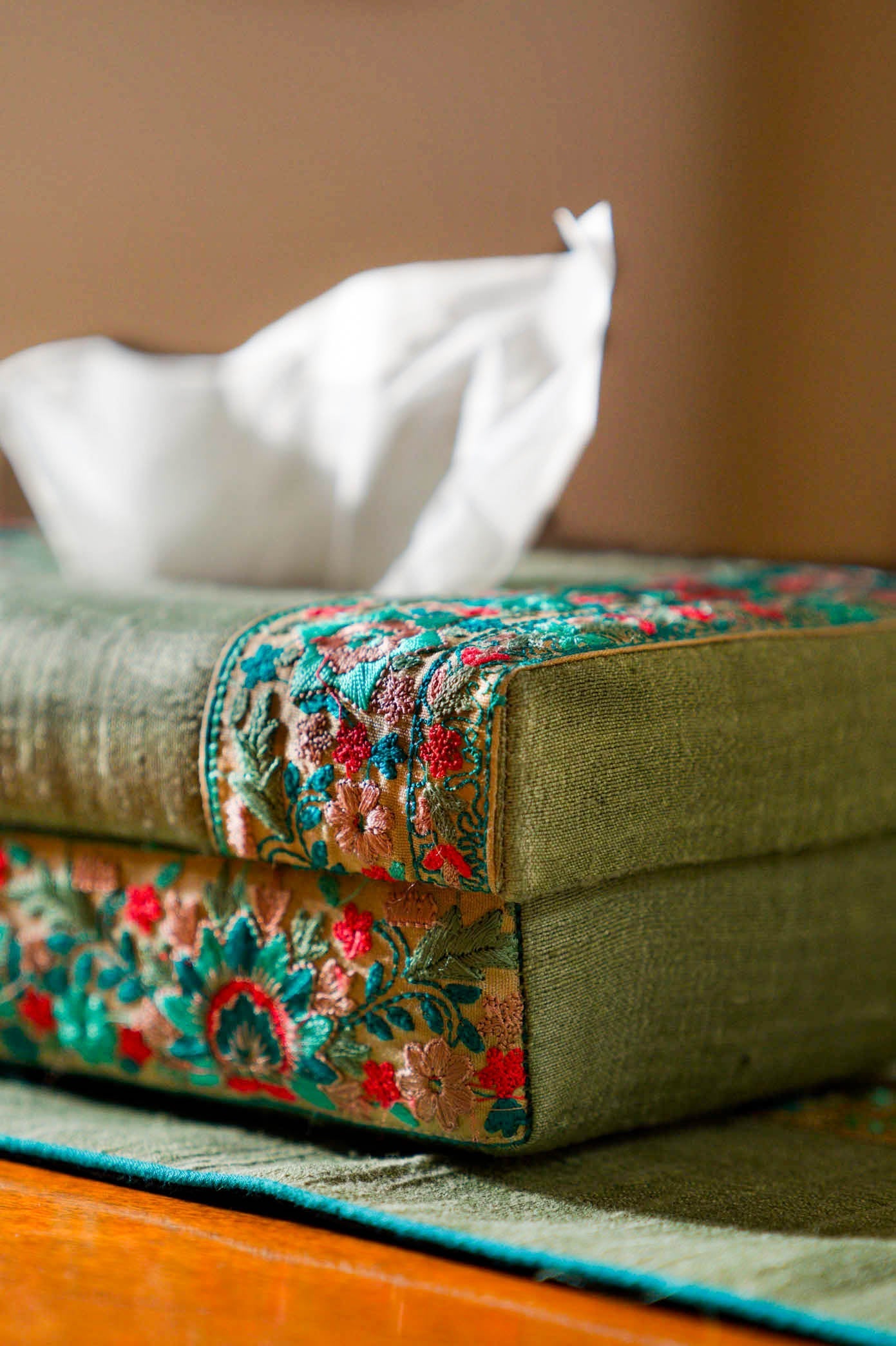Dupion Silk Tissue Box - Handwoven, Floral Embroidery